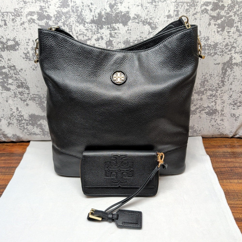 Tory Burch Black Pebbled Leather Hobo Bag and Zip Around Wristlet Wallet Set